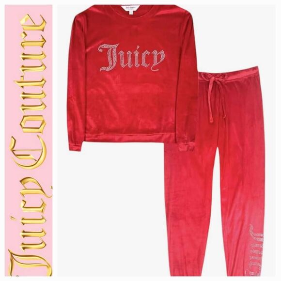Juicy Couture Rhinestone Logo Velour L/S PJ Set- Red Corvette - Picture 1 of 6